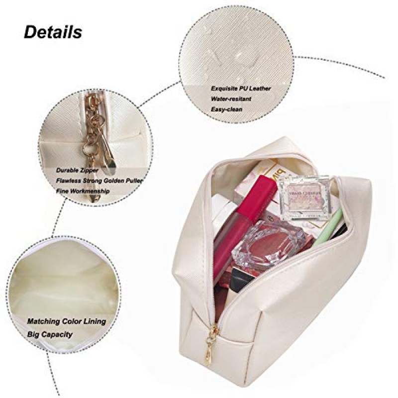 Sohynca 2pcc 세트 여성용 PU 가죽 화장품 가방 일상 사용을 위한 미니멀리즘 메이크업 가방 휴대용 보관 지갑 작고 깔끔한 화장품 파우치 여행용 방수 세면도구 가방(아이보리 화이트)