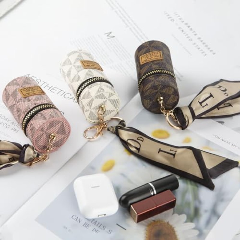 BADETI 3PCS 립스틱 케이스 립스틱 주최자 고급 가죽 립글로스 가방 미니 립스틱 케이스 키체인 립스틱 홀더 소녀 여행 립글로스 메이크업 보관 케이스 지갑 향수 손톱 폴란드어
