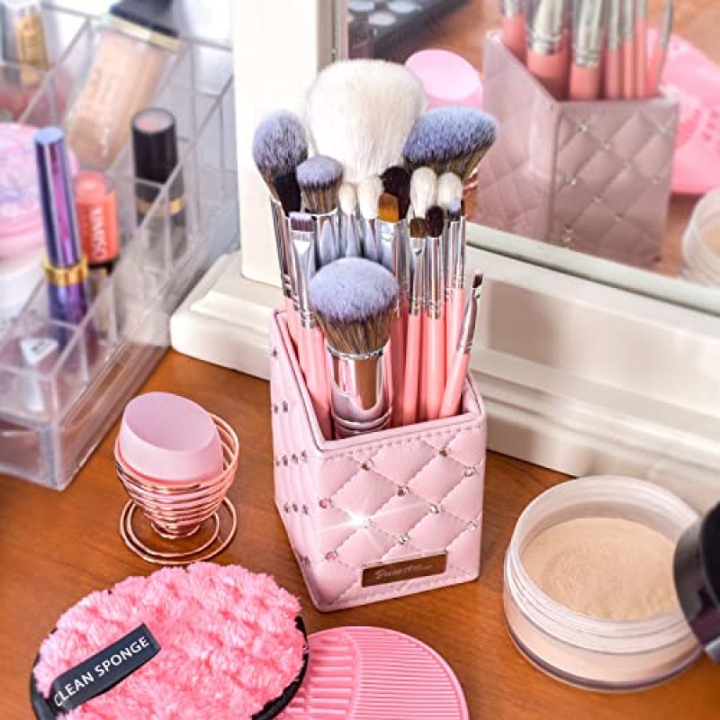 Bueart Design 18Pcs 최고의 선물 천연 염소 헤어 펄 핑크 전문 메이크업 브러쉬 세트 브러쉬 정리 홀더 케이스 파운데이션 페이스 블렌딩 블러쉬 컨실러 아이 메이크업 브러쉬 세트
