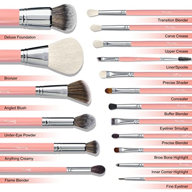 Bueart Design 18Pcs 최고의 선물 천연 염소 헤어 펄 핑크 전문 메이크업 브러쉬 세트 브러쉬 정리 홀더 케이스 파운데이션 페이스 블렌딩 블러쉬 컨실러 아이 메이크업 브러쉬 세트