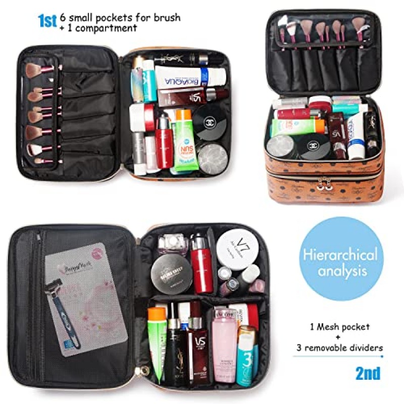 여성용 LACATTURA 더블 레이어 메이크업 가방, 가죽 여행 세면도구 가방, 조절 가능한 칸막이가 있는 대형 화장품 케이스, 휴대용 메이크업 정리함, 브러시 홀더, 여성용 미용 보관 가방, 브라운