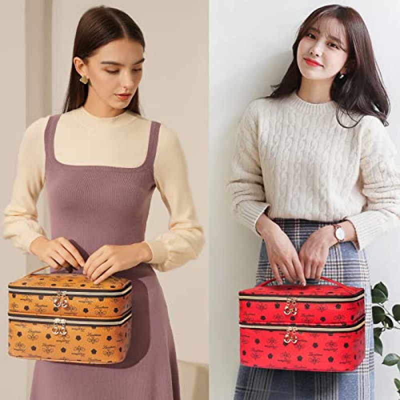 여성용 LACATTURA 더블 레이어 메이크업 가방, 가죽 여행 세면도구 가방, 조절 가능한 칸막이가 있는 대형 화장품 케이스, 휴대용 메이크업 정리함, 브러시 홀더, 여성용 미용 보관 가방, 브라운