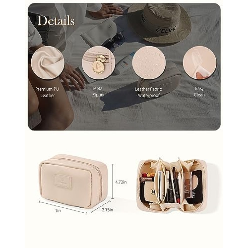 Pocmimut PU 가죽 메이크업 가방 소형 여행 메이크업 가방, 지갑용 오픈 플랫 소형 메이크업 가방, 지갑 파우치, 여성용 소형 메이크업 파우치(흰색)