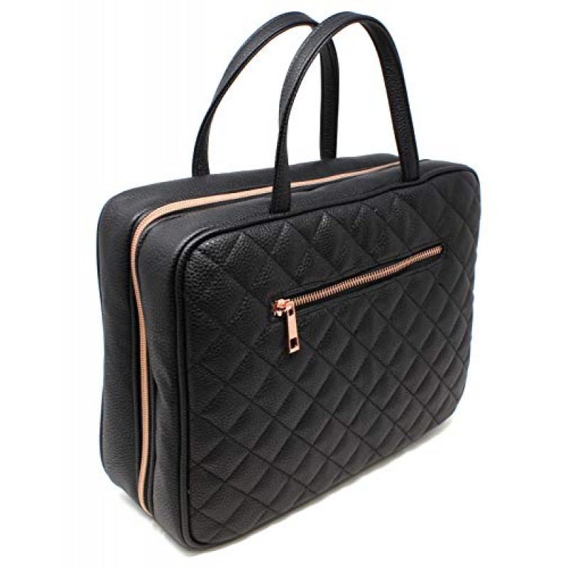 여성용 Ms 러블리 가죽 세면도구 여행용 가방 - 포켓 4개가 있는 대형 화장품 사이즈 - 로즈 골드 하드웨어 및 새틴 내부 - 블랙