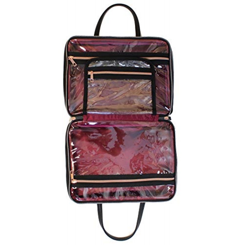 여성용 Ms 러블리 가죽 세면도구 여행용 가방 - 포켓 4개가 있는 대형 화장품 사이즈 - 로즈 골드 하드웨어 및 새틴 내부 - 블랙