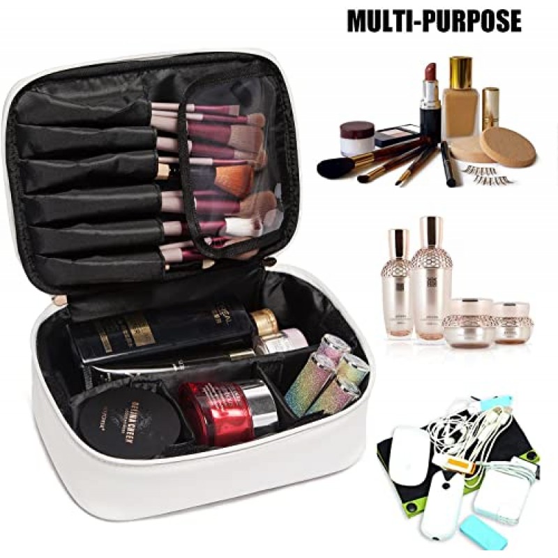 LACATTURA 여성용 여행용 메이크업 가방, 비건 가죽 화장품 가방, 방수 세면도구 정리함, 조절 가능한 칸막이와 브러시 홀더가 있는 메이크업 가방, 여성용 휴대용 미용 보관 가방, 흰색