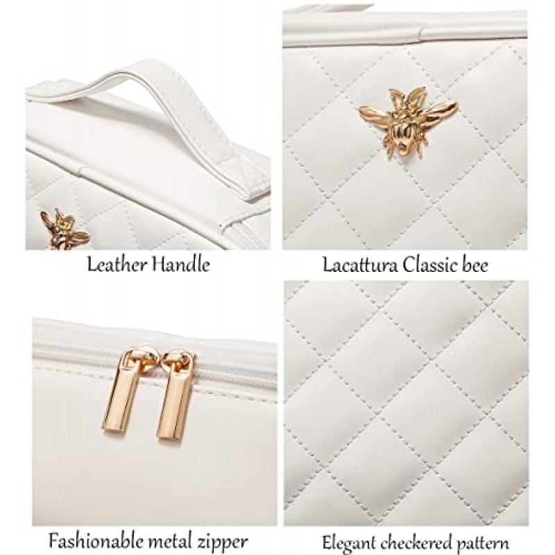 LACATTURA 여성용 여행용 메이크업 가방, 비건 가죽 화장품 가방, 방수 세면도구 정리함, 조절 가능한 칸막이와 브러시 홀더가 있는 메이크업 가방, 여성용 휴대용 미용 보관 가방, 흰색