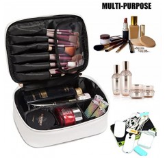 LACATTURA 여성용 여행용 메이크업 가방, 비건 가죽 화장품 가방, 방수 세면도구 정리함, 조절 가능한 칸막이와 브러시 홀더가 있는 메이크업 가방, 여성용 휴대용 미용 보관 가방, 흰색