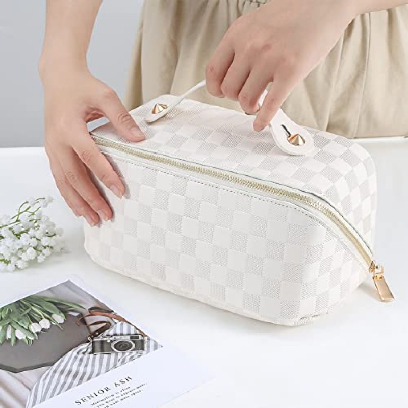 ALEXTINA 대용량 여행용 화장품 가방 - 여성용 휴대용 메이크업 가방 방수 PU 가죽 체크무늬 정리 가방, 분배기와 손잡이, 세면용품 가방, 흰색