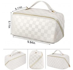 ALEXTINA 대용량 여행용 화장품 가방 - 여성용 휴대용 메이크업 가방 방수 PU 가죽 체크무늬 정리 가방, 분배기와 손잡이, 세면용품 가방, 흰색