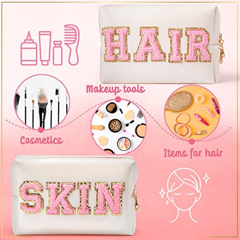 Y1tvei 2Pcs 프레피 패치 스킨 헤어 대표팀 편지 화장품 세면 용품 가방 핑크 편지 메이크업 가방 지퍼 파우치 보관 휴대용 지갑 여성용 방수 여행 주최자 선물 Teen Girls (Shell Gold)