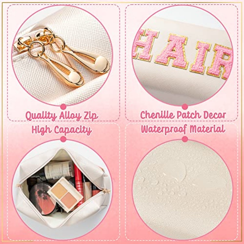 Y1tvei 2Pcs 프레피 패치 스킨 헤어 대표팀 편지 화장품 세면 용품 가방 핑크 편지 메이크업 가방 지퍼 파우치 보관 휴대용 지갑 여성용 방수 여행 주최자 선물 Teen Girls (Shell Gold)