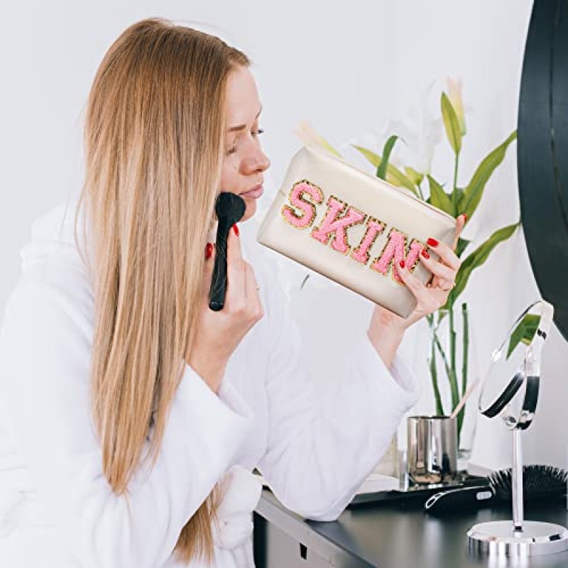 Y1tvei 2Pcs 프레피 패치 스킨 헤어 대표팀 편지 화장품 세면 용품 가방 핑크 편지 메이크업 가방 지퍼 파우치 보관 휴대용 지갑 여성용 방수 여행 주최자 선물 Teen Girls (Shell Gold)