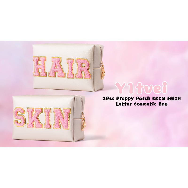 Y1tvei 2Pcs 프레피 패치 스킨 헤어 대표팀 편지 화장품 세면 용품 가방 핑크 편지 메이크업 가방 지퍼 파우치 보관 휴대용 지갑 여성용 방수 여행 주최자 선물 Teen Girls (Shell Gold)