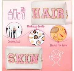 Y1tvei 2Pcs 프레피 패치 스킨 헤어 대표팀 편지 화장품 세면 용품 가방 핑크 편지 메이크업 가방 지퍼 파우치 보관 휴대용 지갑 여성용 방수 여행 주최자 선물 Teen Girls (Shell Gold)