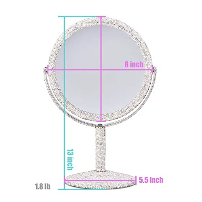 TISHAA 블링 메이크업 화장대 거울 - 럭셔리 스탠드 2X 배율 양면 유리 화장품 크리스탈 라인석 다이아몬드 글리터 휴대용 책상 욕실 침실 탁상