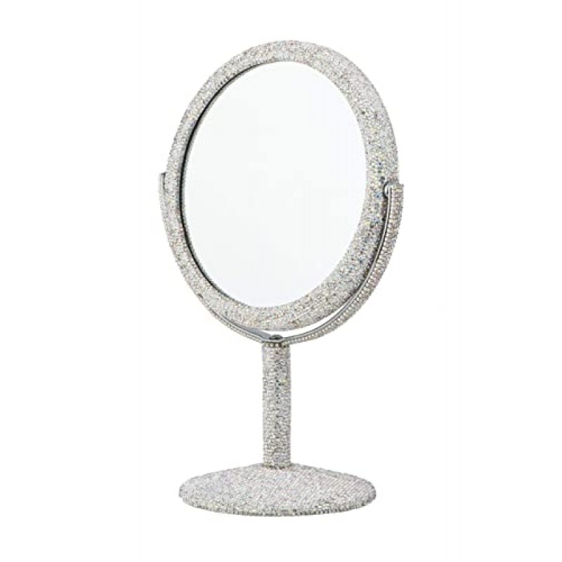 TISHAA 블링 메이크업 화장대 거울 - 럭셔리 스탠드 2X 배율 양면 유리 화장품 크리스탈 라인석 다이아몬드 글리터 휴대용 책상 욕실 침실 탁상
