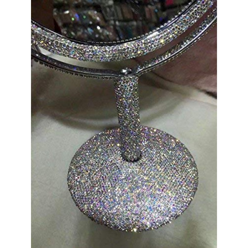 TISHAA 블링 메이크업 화장대 거울 - 럭셔리 스탠드 2X 배율 양면 유리 화장품 크리스탈 라인석 다이아몬드 글리터 휴대용 책상 욕실 침실 탁상