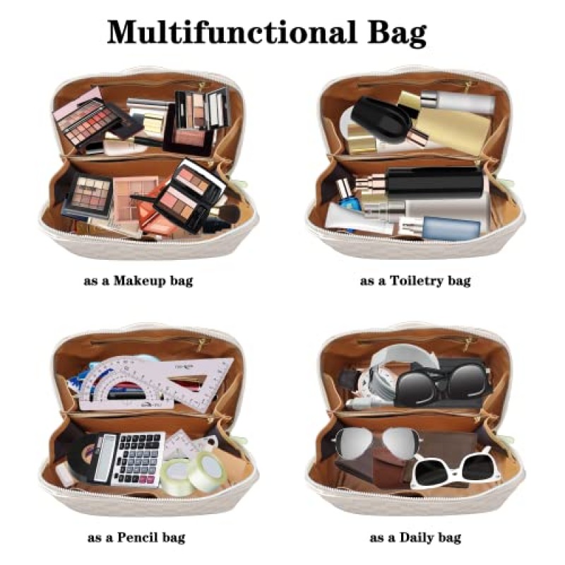 btbfami 여행 메이크업 가방, 여성용 대용량 화장품 가방, 손잡이와 분배기가 있는 휴대용 PU 가죽 방수 메이크업 정리 가방 플랫 레이 체크 무늬 화장품 가방 - 스퀘어 화이트