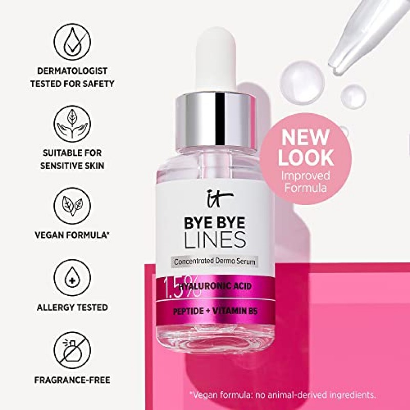 IT Cosmetics Bye Bye Lines 1.5% 히알루론산 세럼 - 2주 안에 눈에 띄게 피부를 탱탱하게 하고 잔주름을 부드럽게 해줍니다 - 펩타이드 + 비타민 B5 함유 - 모든 피부 타입용 - 비건 포뮬러 - 1 액량 온스