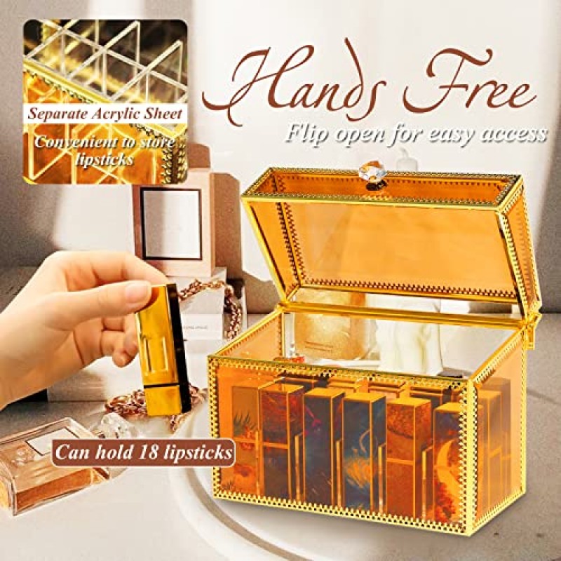 CoralHouse 메이크업 브러쉬 정리함, 립스틱 정리함 및 보관함 2개 메이크업 브러쉬 및 립스틱 정리함 세트, 고급 호박색 강화 유리 시리즈 메이크업 정리함, 무료 진주 포함.