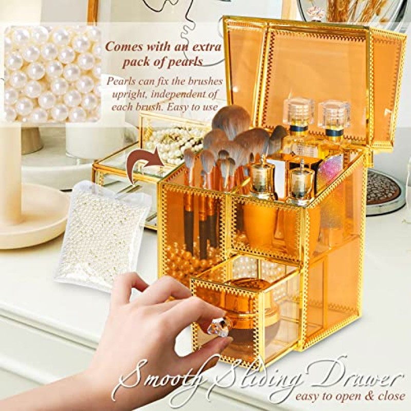 CoralHouse 메이크업 브러쉬 정리함, 립스틱 정리함 및 보관함 2개 메이크업 브러쉬 및 립스틱 정리함 세트, 고급 호박색 강화 유리 시리즈 메이크업 정리함, 무료 진주 포함.