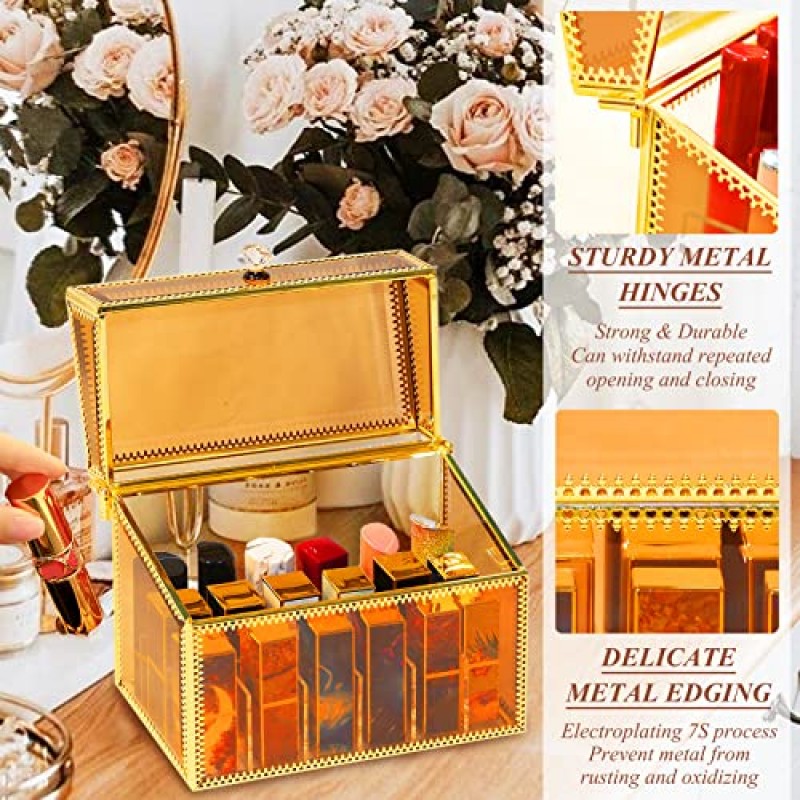CoralHouse 메이크업 브러쉬 정리함, 립스틱 정리함 및 보관함 2개 메이크업 브러쉬 및 립스틱 정리함 세트, 고급 호박색 강화 유리 시리즈 메이크업 정리함, 무료 진주 포함.