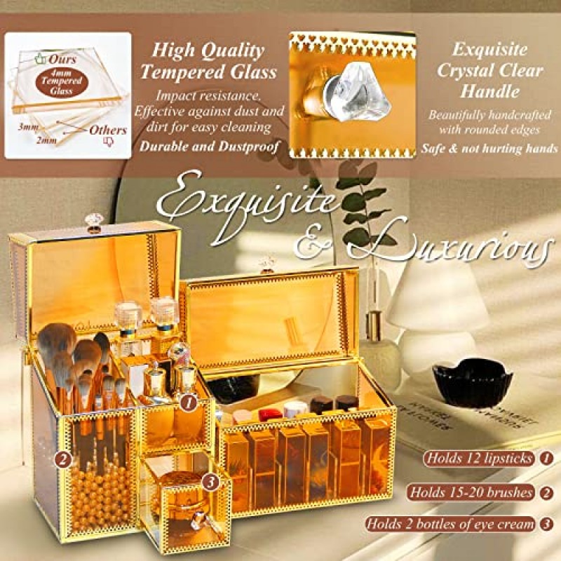 CoralHouse 메이크업 브러쉬 정리함, 립스틱 정리함 및 보관함 2개 메이크업 브러쉬 및 립스틱 정리함 세트, 고급 호박색 강화 유리 시리즈 메이크업 정리함, 무료 진주 포함.