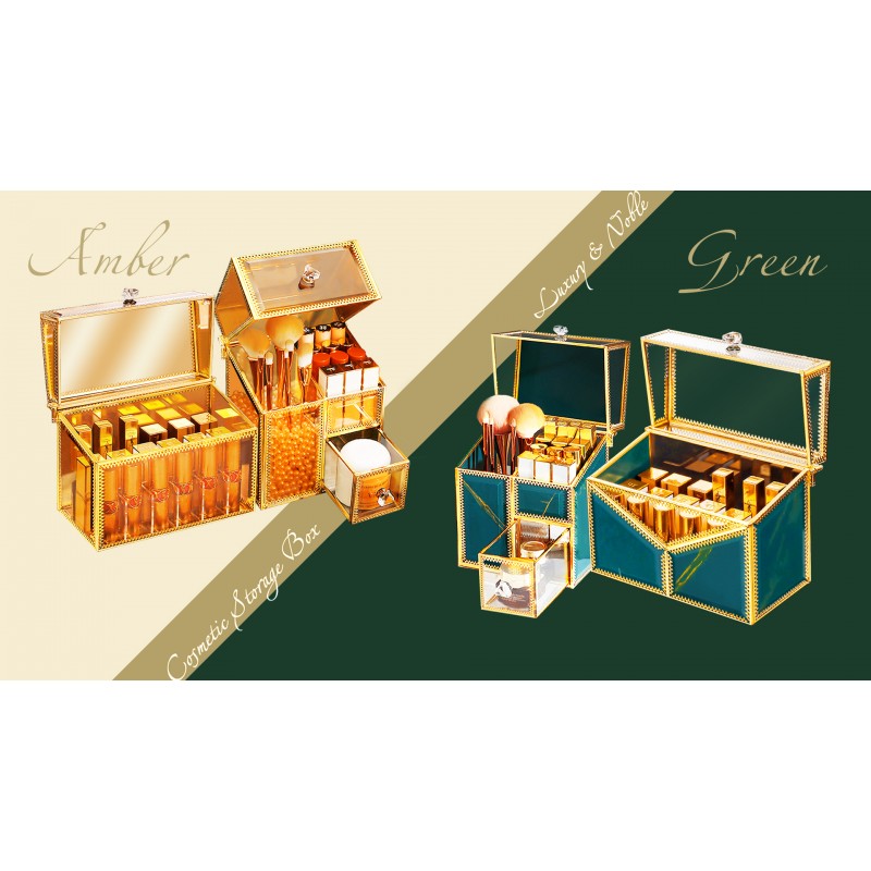 CoralHouse 메이크업 브러쉬 정리함, 립스틱 정리함 및 보관함 2개 메이크업 브러쉬 및 립스틱 정리함 세트, 고급 호박색 강화 유리 시리즈 메이크업 정리함, 무료 진주 포함.