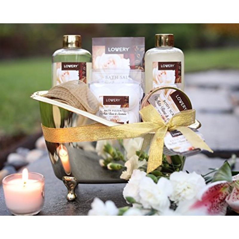 홈 스파 선물 바구니, 남성용 및 여성용 럭셔리 13피스 목욕 및 바디 세트, 화이트 로즈 & 자스민 향 - 샤워 젤, 거품 목욕, 바디 스크럽, 소금, 입욕제 6개, 푸프, 화장품 가방 및 금 욕조