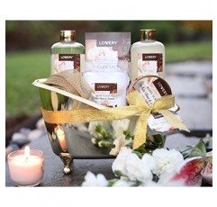 홈 스파 선물 바구니, 남성용 및 여성용 럭셔리 13피스 목욕 및 바디 세트, 화이트 로즈 & 자스민 향 - 샤워 젤, 거품 목욕, 바디 스크럽, 소금, 입욕제 6개, 푸프, 화장품 가방 및 금 욕조