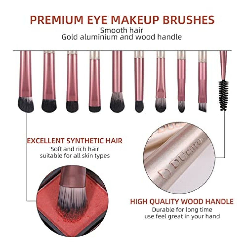 DUcare 메이크업 브러쉬 14개 메이크업 브러쉬 세트 프리미엄 합성 가부키 파우더 파운데이션 컨투어 블러쉬 컨실러 아이 섀도우 메이크업 브러쉬, 로즈 골든, 가방 포함