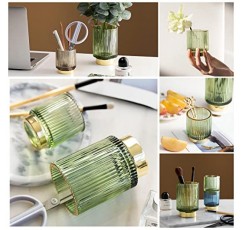 DASITON 메이크업 브러쉬 홀더 주최자, 크리스탈 화장품 메이크업 브러쉬 유리 브러쉬 보관 홀더, 빈티지 메이크업 브러쉬 컵 펜 연필 홀더 스트라이프 꽃병 (녹색 L)