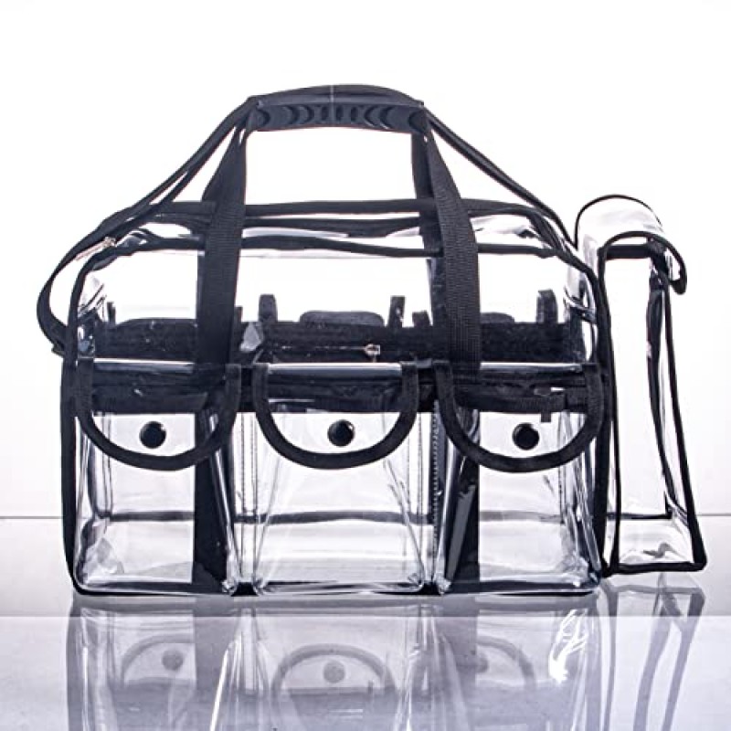 와이드 오픈 대형 전문 투명 PVC 여행 메이크업 아티스트 세트 가방 화장품 손톱 미용 가방 투명 비닐 도구 정리 작업 가방 비치 가방 6개의 외부 포켓 및 스트랩이 있는 기저귀 가방(검은색)