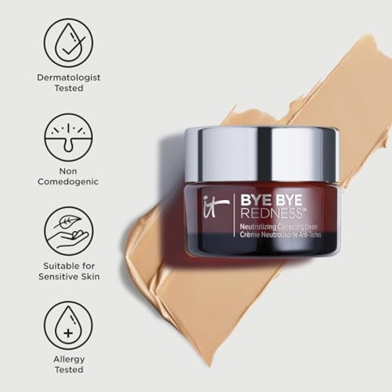 IT Cosmetics Bye Bye Redness - 중화 컬러 코렉팅 크림 - 홍조 감소 - 오랫동안 지속되는 커버력 - 가수분해 콜라겐 함유 - 0.37 fl oz