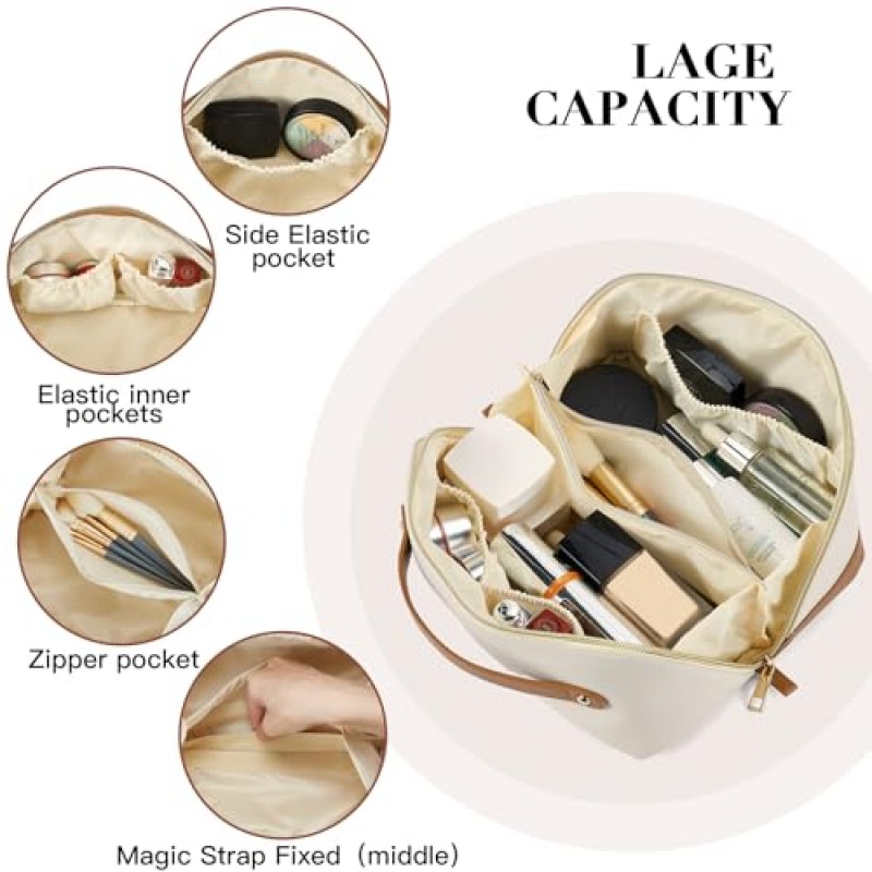 Telena 메이크업 가방 대용량 여행 화장품 가방 손잡이와 분배기가 있는 여성용 휴대용 PU 가죽 방수 메이크업 정리 가방 브라운과 오픈 플랫 베이지