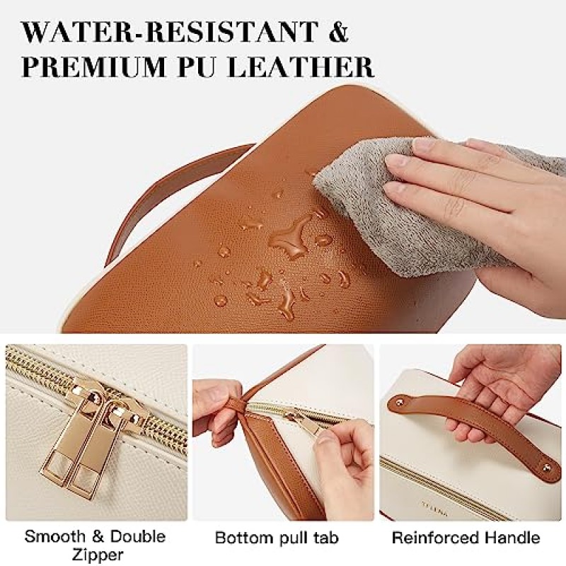 Telena 메이크업 가방 대용량 여행 화장품 가방 손잡이와 분배기가 있는 여성용 휴대용 PU 가죽 방수 메이크업 정리 가방 브라운과 오픈 플랫 베이지