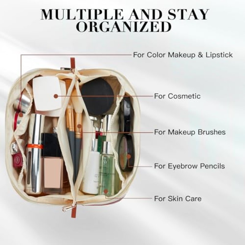 Telena 메이크업 가방 대용량 여행 화장품 가방 손잡이와 분배기가 있는 여성용 휴대용 PU 가죽 방수 메이크업 정리 가방 브라운과 오픈 플랫 베이지