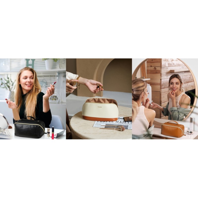 Telena 메이크업 가방 대용량 여행 화장품 가방 손잡이와 분배기가 있는 여성용 휴대용 PU 가죽 방수 메이크업 정리 가방 브라운과 오픈 플랫 베이지