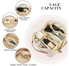 Telena 메이크업 가방 대용량 여행 화장품 가방 손잡이와 분배기가 있는 여성용 휴대용 PU 가죽 방수 메이크업 정리 가방 브라운과 오픈 플랫 베이지