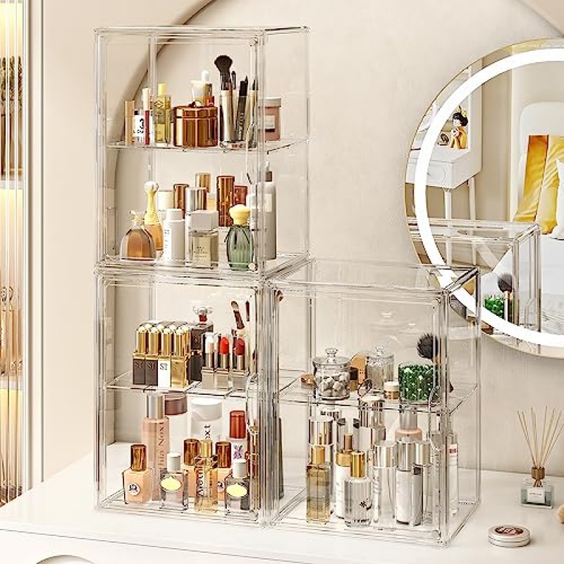 MSHOMELY 메이크업 보관함 Organzier 3팩 Arcylic 화장품 디스플레이 케이스, 향수 Organzier(분할 보드 포함), 욕실 수조 Organzier, 화장대용 투명 메이크업 Organzier