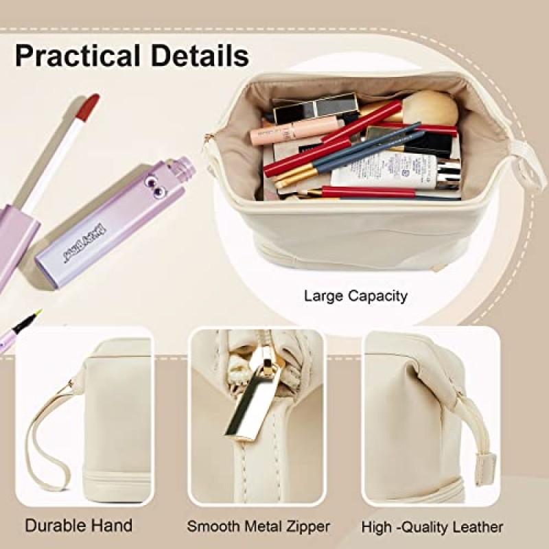 여행용 메이크업 가방,더블 레이어 화장품 가방,대형 지퍼 파우치 메이크업 정리 가방,방수 가죽 메이크업 가방,여성 및 소녀용 휴대용 가죽 세면용품 가방(흰색)