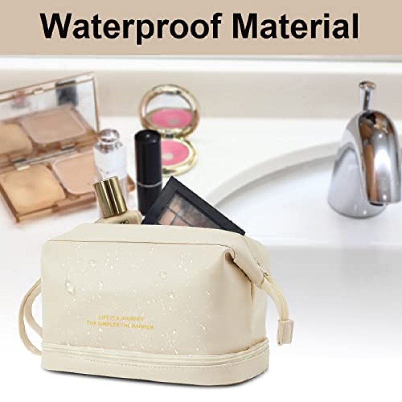 여행용 메이크업 가방,더블 레이어 화장품 가방,대형 지퍼 파우치 메이크업 정리 가방,방수 가죽 메이크업 가방,여성 및 소녀용 휴대용 가죽 세면용품 가방(흰색)