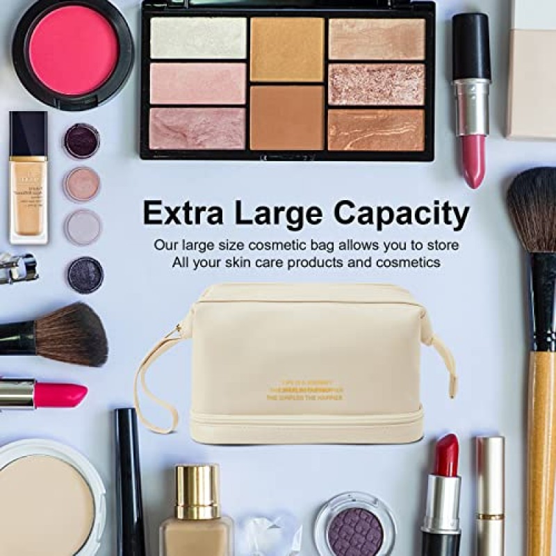 여행용 메이크업 가방,더블 레이어 화장품 가방,대형 지퍼 파우치 메이크업 정리 가방,방수 가죽 메이크업 가방,여성 및 소녀용 휴대용 가죽 세면용품 가방(흰색)