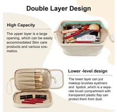 여행용 메이크업 가방,더블 레이어 화장품 가방,대형 지퍼 파우치 메이크업 정리 가방,방수 가죽 메이크업 가방,여성 및 소녀용 휴대용 가죽 세면용품 가방(흰색)