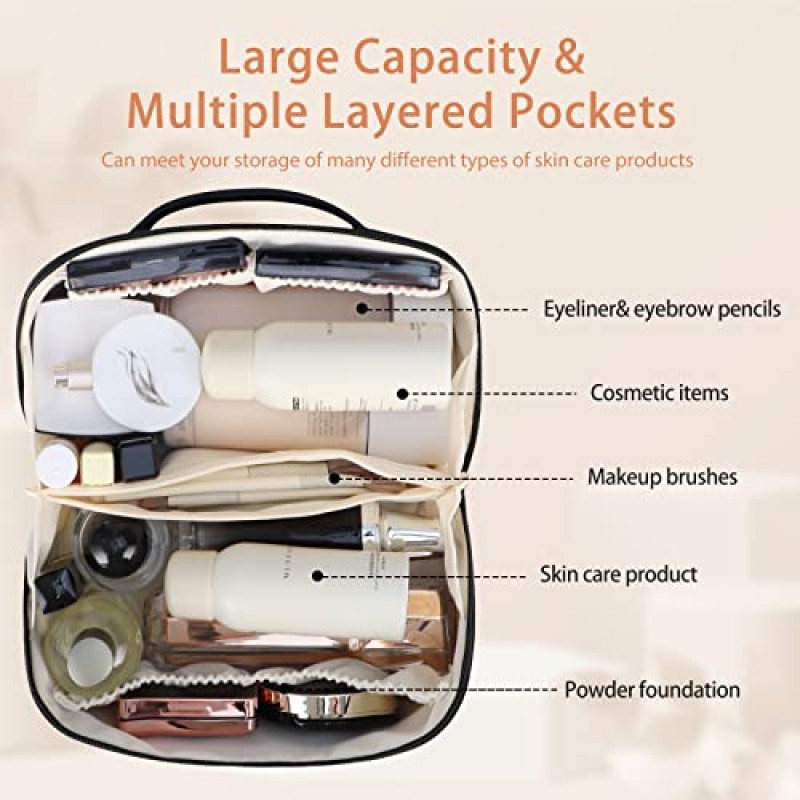 Ineowelly 메이크업 가방 휴대용 손잡이가있는 여성용 대용량 여행용 화장품 가방, 다기능 메이크업 주최자 화장품 스킨 케어 세면 용품 용 PU 가죽 세면 용품 가방 (격자 무늬 - 검정색)