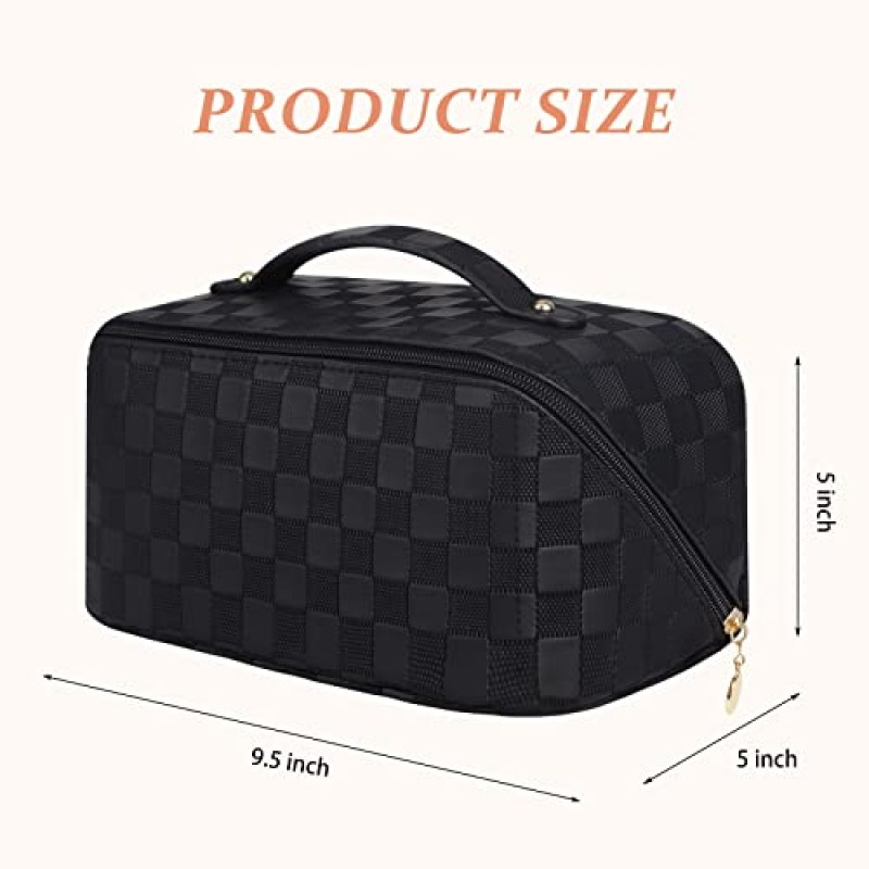 Ineowelly 메이크업 가방 휴대용 손잡이가있는 여성용 대용량 여행용 화장품 가방, 다기능 메이크업 주최자 화장품 스킨 케어 세면 용품 용 PU 가죽 세면 용품 가방 (격자 무늬 - 검정색)