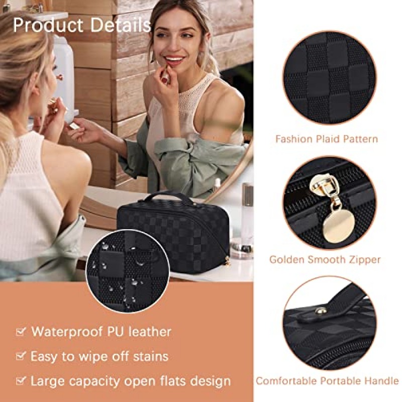 Ineowelly 메이크업 가방 휴대용 손잡이가있는 여성용 대용량 여행용 화장품 가방, 다기능 메이크업 주최자 화장품 스킨 케어 세면 용품 용 PU 가죽 세면 용품 가방 (격자 무늬 - 검정색)