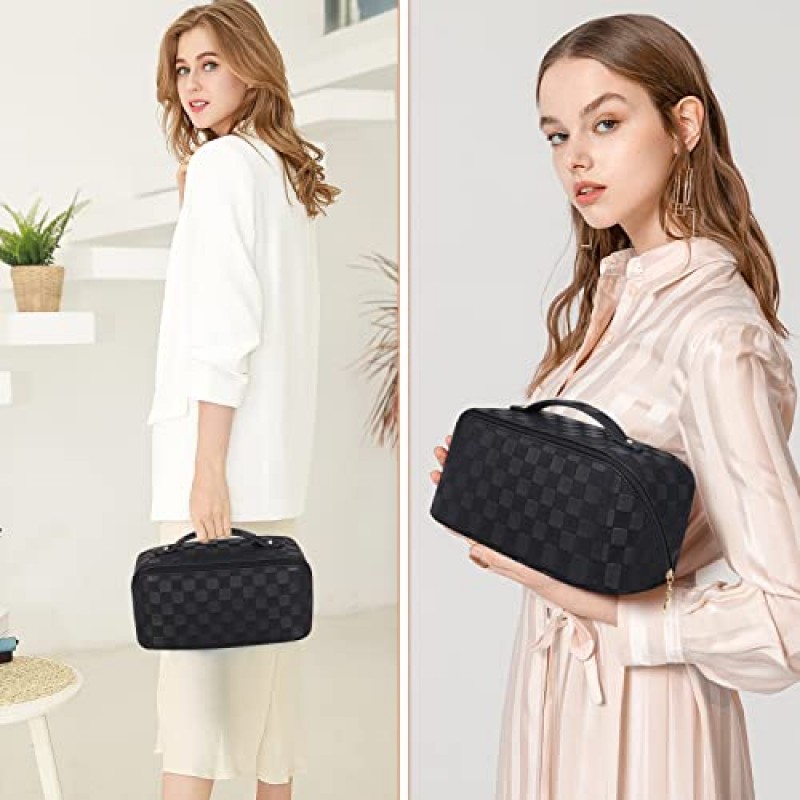 Ineowelly 메이크업 가방 휴대용 손잡이가있는 여성용 대용량 여행용 화장품 가방, 다기능 메이크업 주최자 화장품 스킨 케어 세면 용품 용 PU 가죽 세면 용품 가방 (격자 무늬 - 검정색)