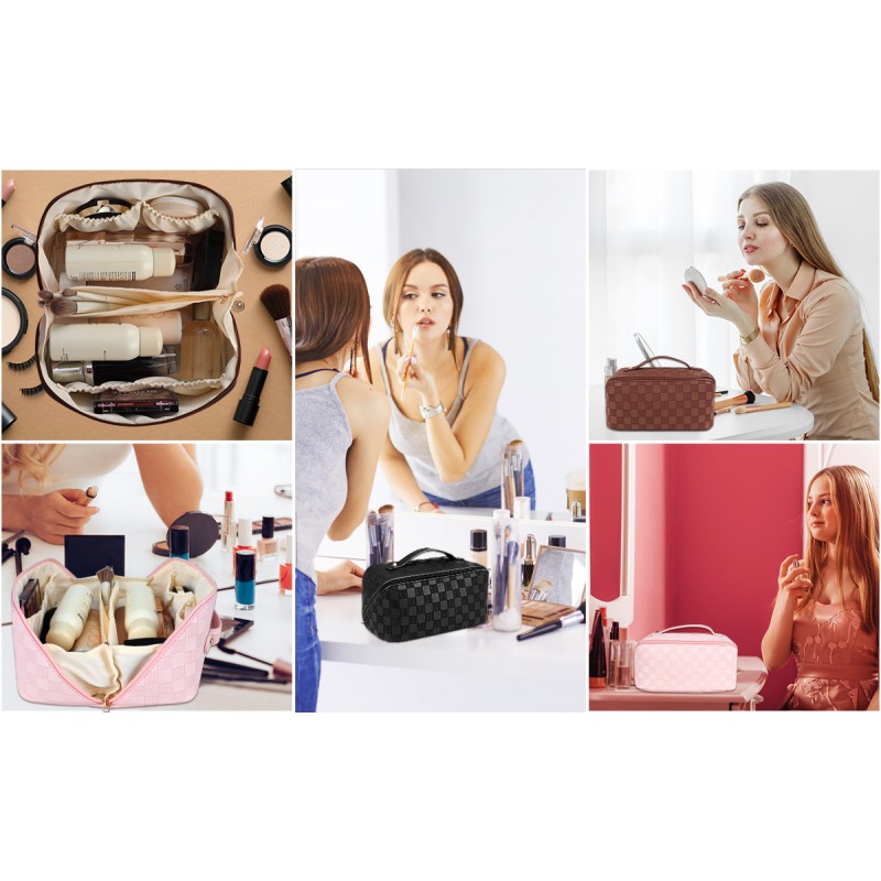 Ineowelly 메이크업 가방 휴대용 손잡이가있는 여성용 대용량 여행용 화장품 가방, 다기능 메이크업 주최자 화장품 스킨 케어 세면 용품 용 PU 가죽 세면 용품 가방 (격자 무늬 - 검정색)